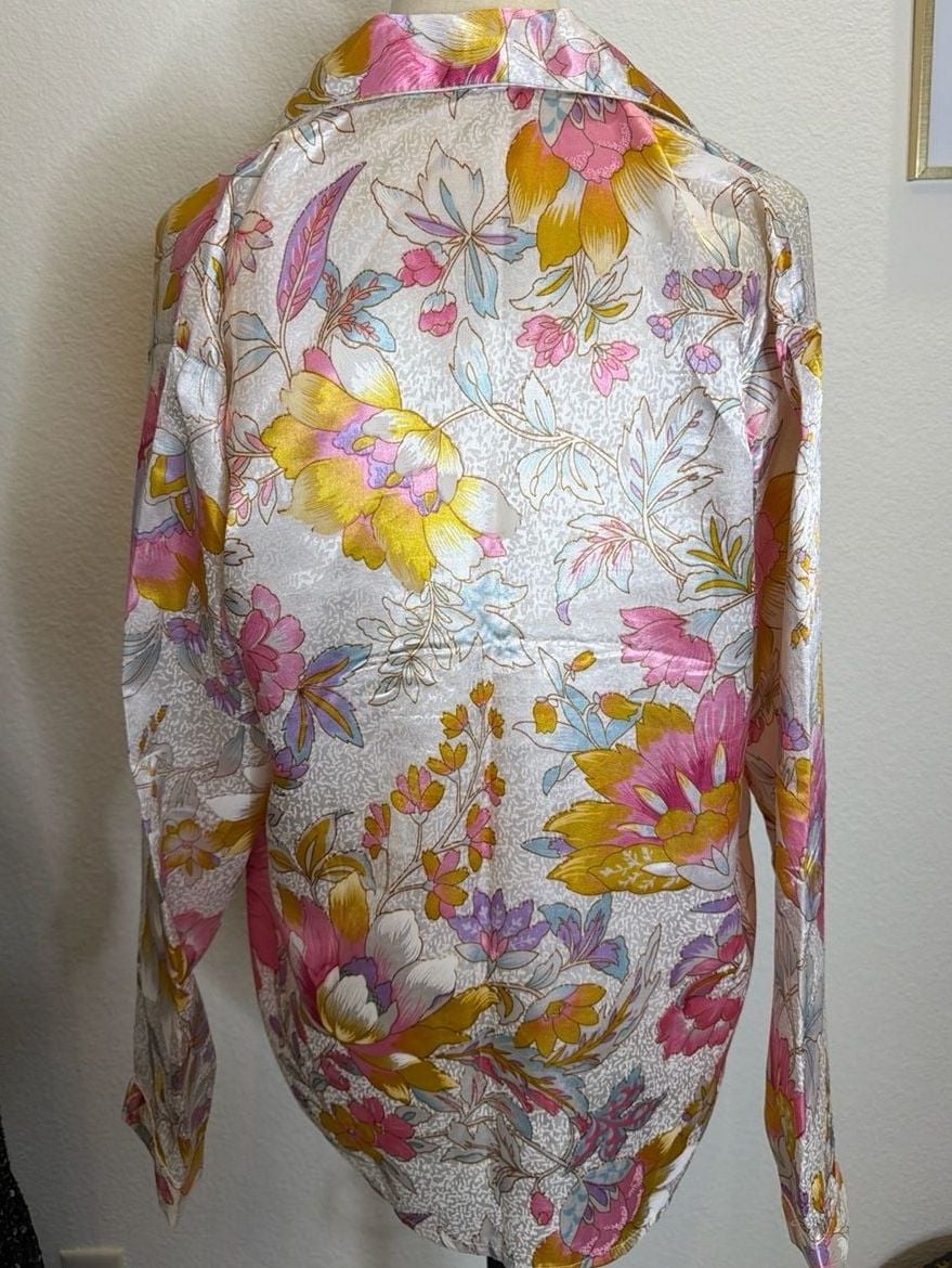 Vintage August Silk 100% Pure Silk Floral Pajama Top Size L 3