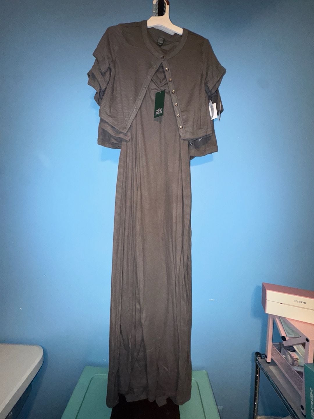 Wild Fable Ribbed Maxi Dress and Short Sleeve Cardigan, Heathered Gray, Size XS 1