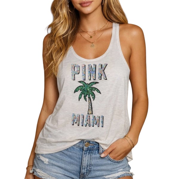 Victoria’s Secret PINK Sequin Miami Palm Tree Tank Top White XS Y2K Tropical