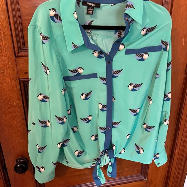 Style & co. Woman Mint Green Bird Print Tie-Front Blouse Size 1X