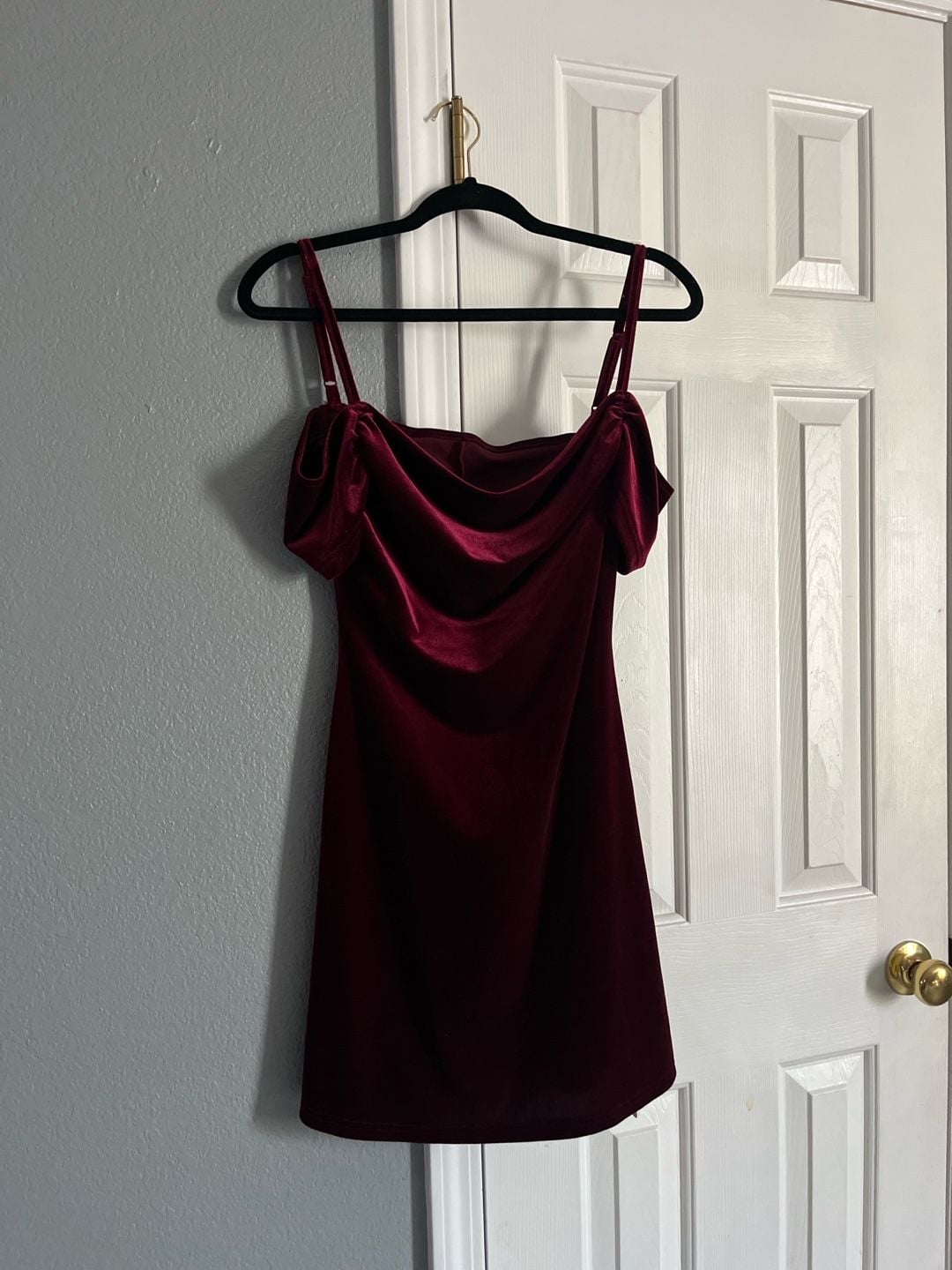 SHEIN MOD Burgundy Velvet Cold Shoulder Cowl Neck Mini Dress 1