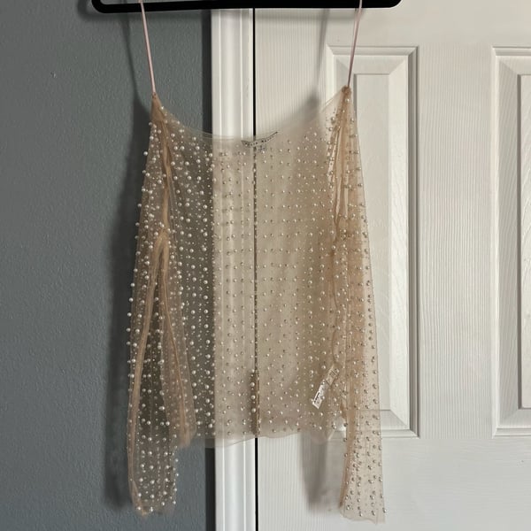Haute Monde Sheer Pearl and Rhinestone Embellished Mesh Long Sleeve Top Size S