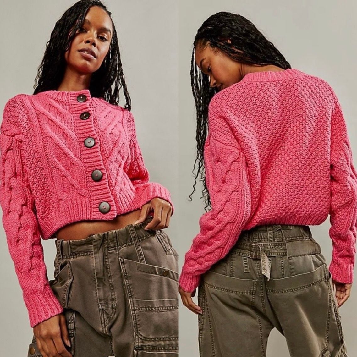 Free People Bonfire Cable Knit Sweater Bright Pink 2