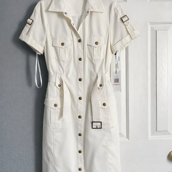 Calvin Klein White Utility Cargo Button-Front Belted Dress Size 6