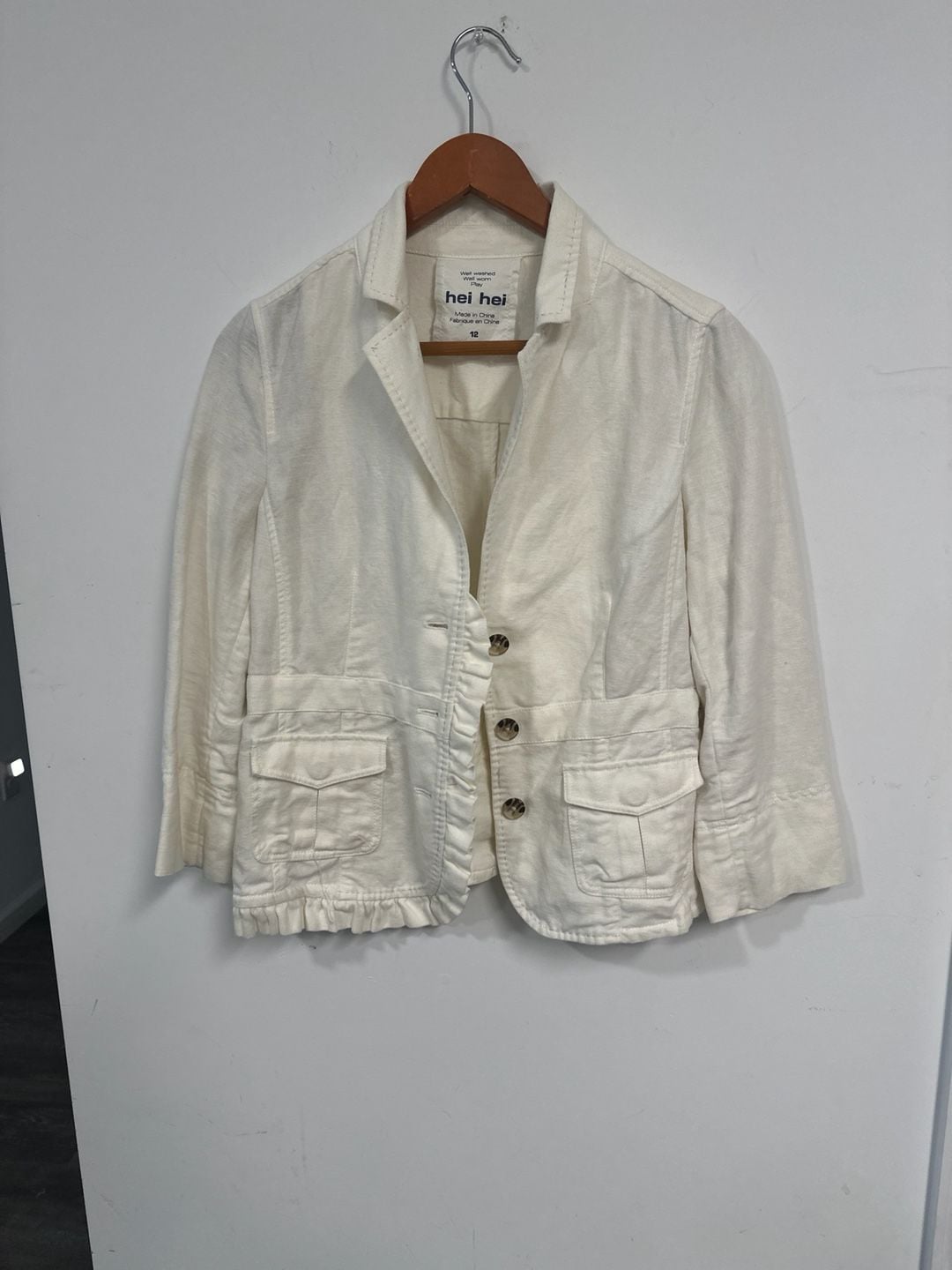 Hei Hei Anthropologie White Linen Ruffle Trim Blazer Jacket Size 12 3
