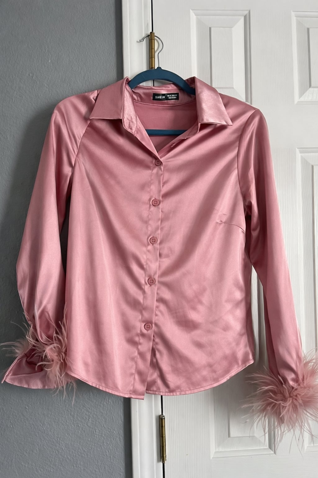 SHEIN Pink Satin Button Down Shirt with Feather Trim Cuffs Size XS 2