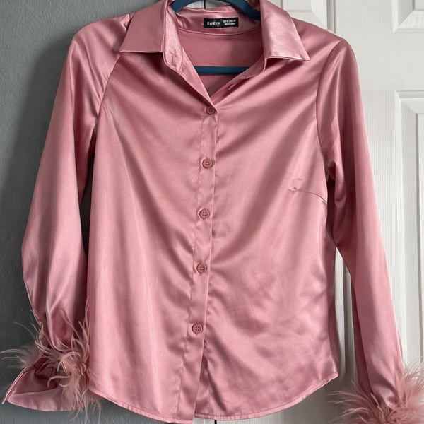 SHEIN Pink Satin Button Down Shirt with Feather Trim Cuffs Size XS