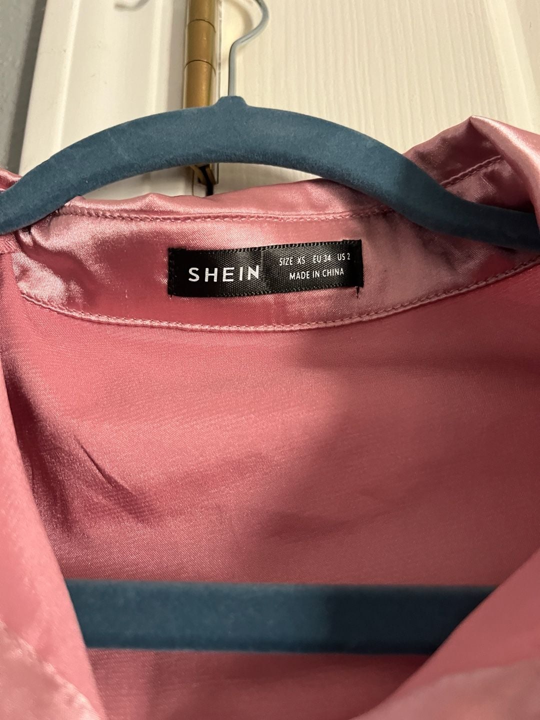 SHEIN Pink Satin Button Down Shirt with Feather Trim Cuffs Size XS 4