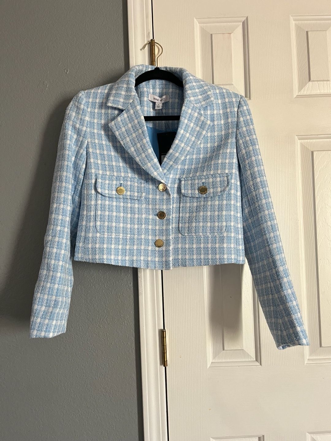 Nine West Vista Blue & White Plaid Cropped Tweed Blazer Jacket Size S 1