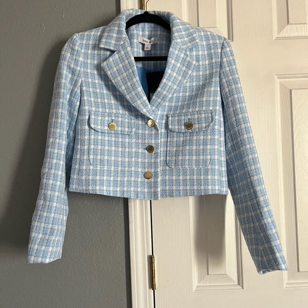 Nine West Vista Blue & White Plaid Cropped Tweed Blazer Jacket Size S