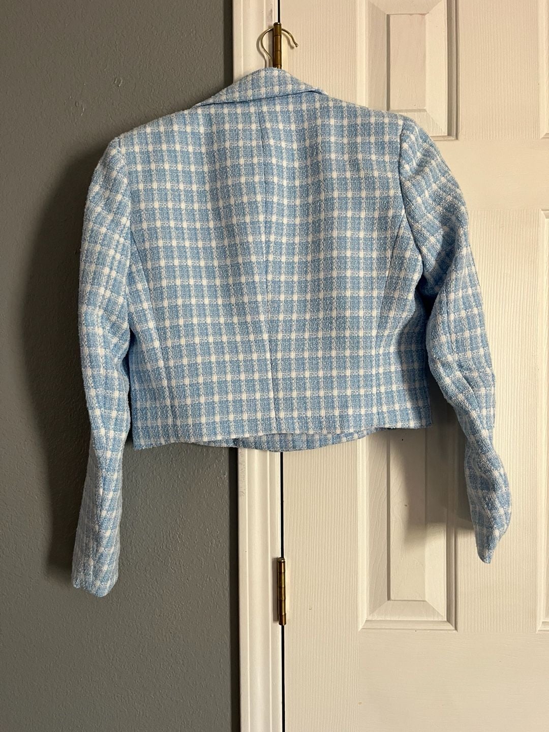 Nine West Vista Blue & White Plaid Cropped Tweed Blazer Jacket Size S 2