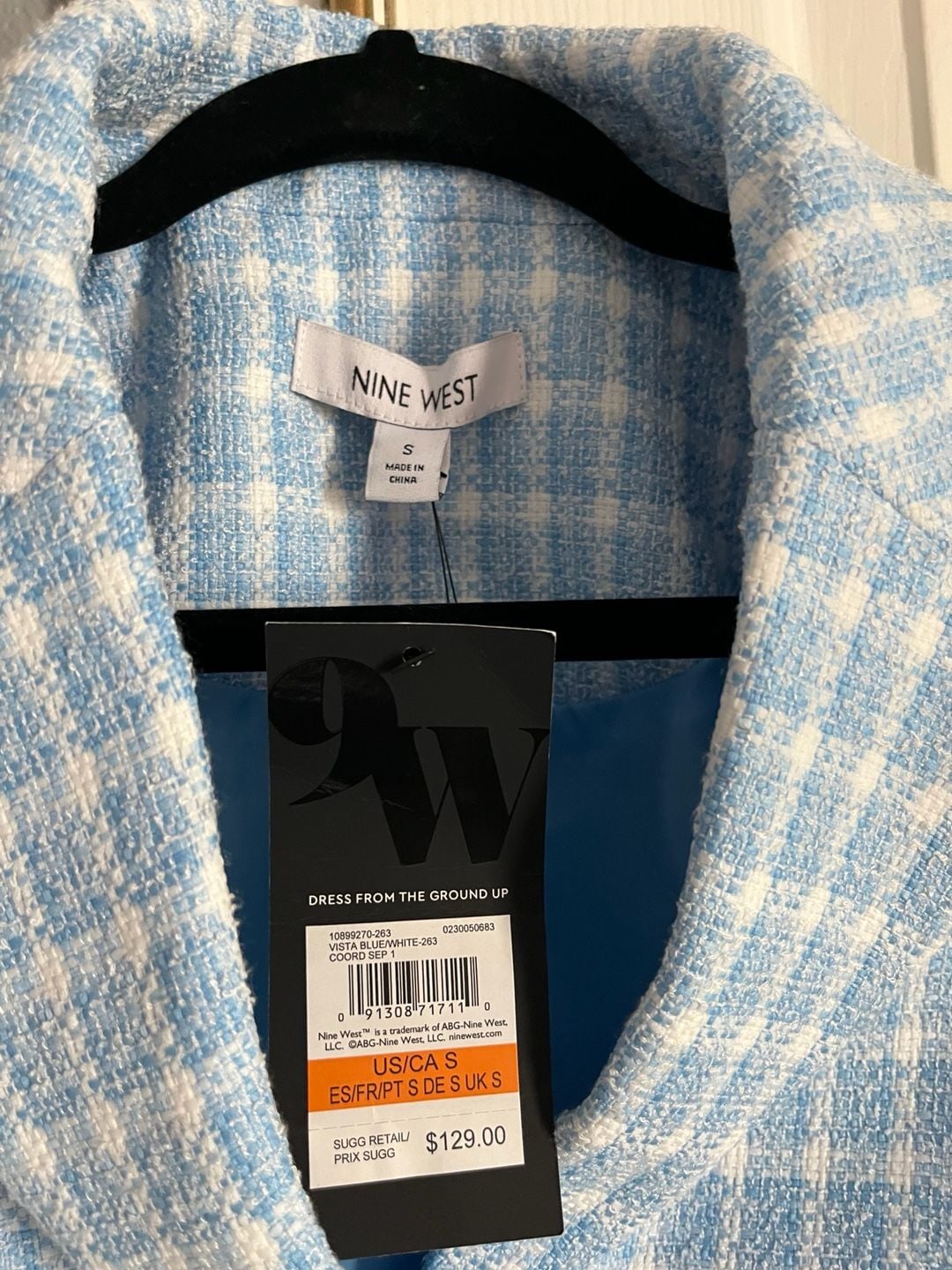 Nine West Vista Blue & White Plaid Cropped Tweed Blazer Jacket Size S 3