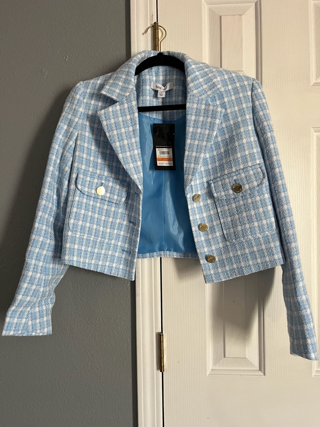 Nine West Vista Blue & White Plaid Cropped Tweed Blazer Jacket Size S 4