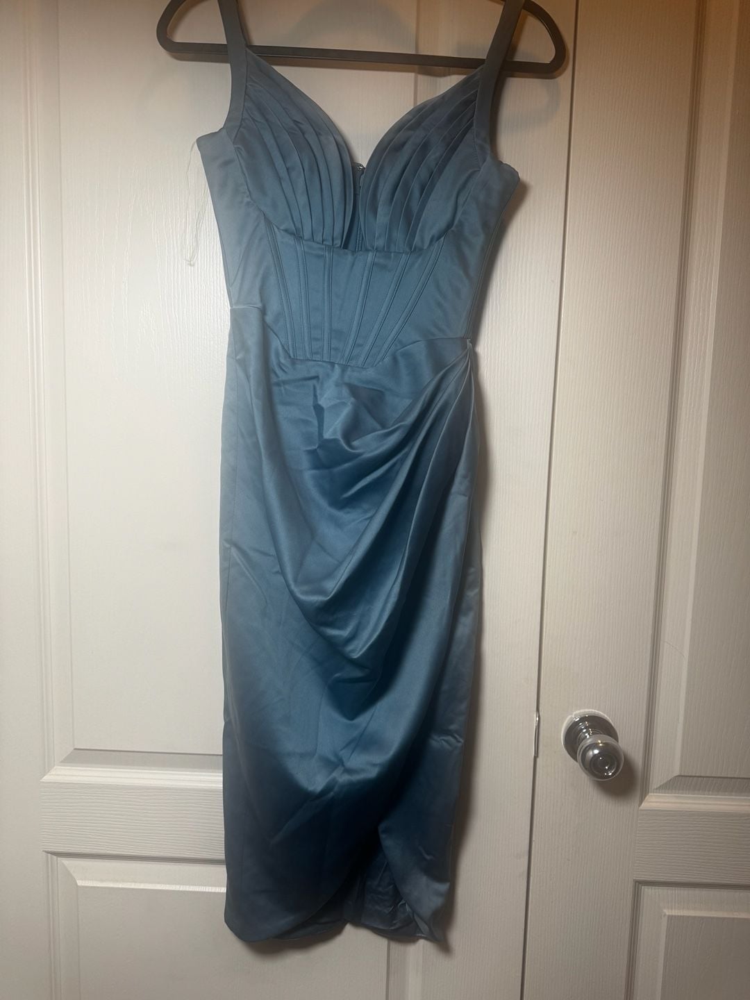 Clothing : Midi Dresses : 'Faye' Blue Satin Corset Midi Dress, 3