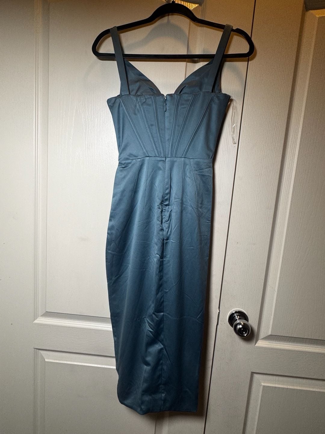 Clothing : Midi Dresses : 'Faye' Blue Satin Corset Midi Dress, 6