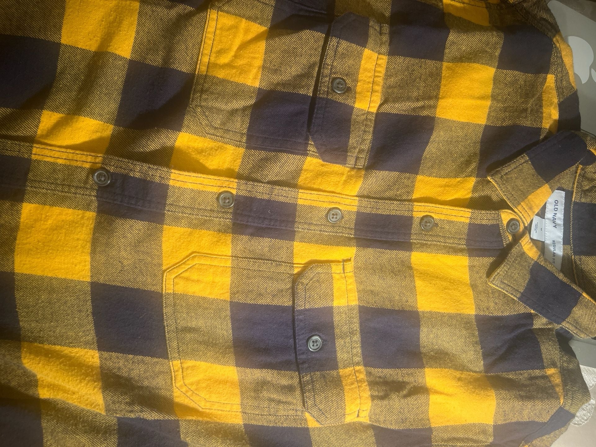 Old Navy Regular Fit Yellow & Navy Buffalo Plaid Flannel Shirt, Size M 3
