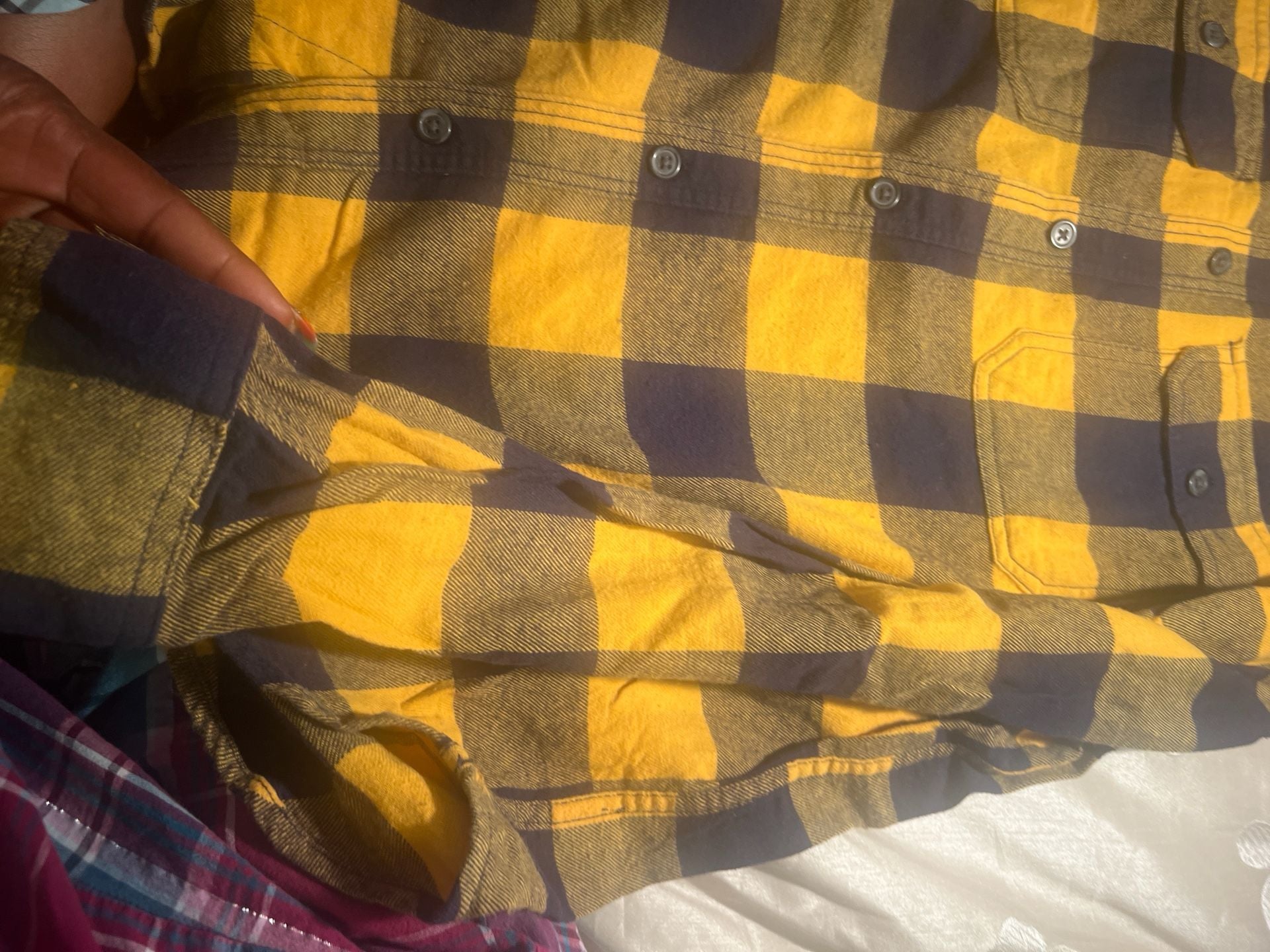 Old Navy Regular Fit Yellow & Navy Buffalo Plaid Flannel Shirt, Size M 6