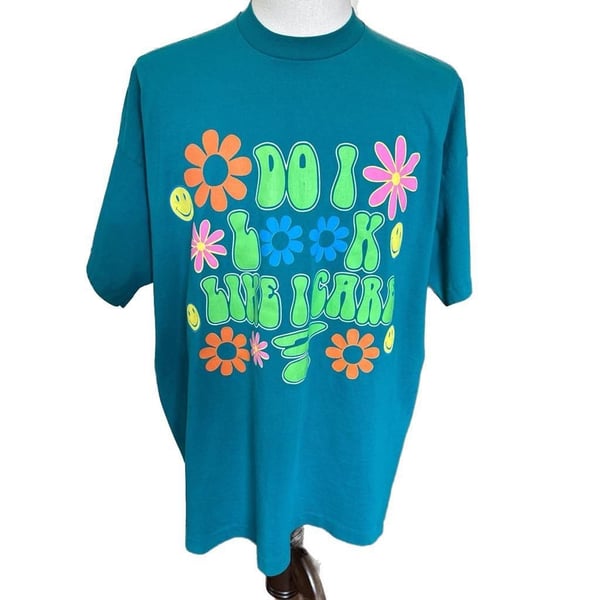 Vintage 90s Do I Look Like I Care Groovy Graphic Single Stitch T-Shirt Teal
