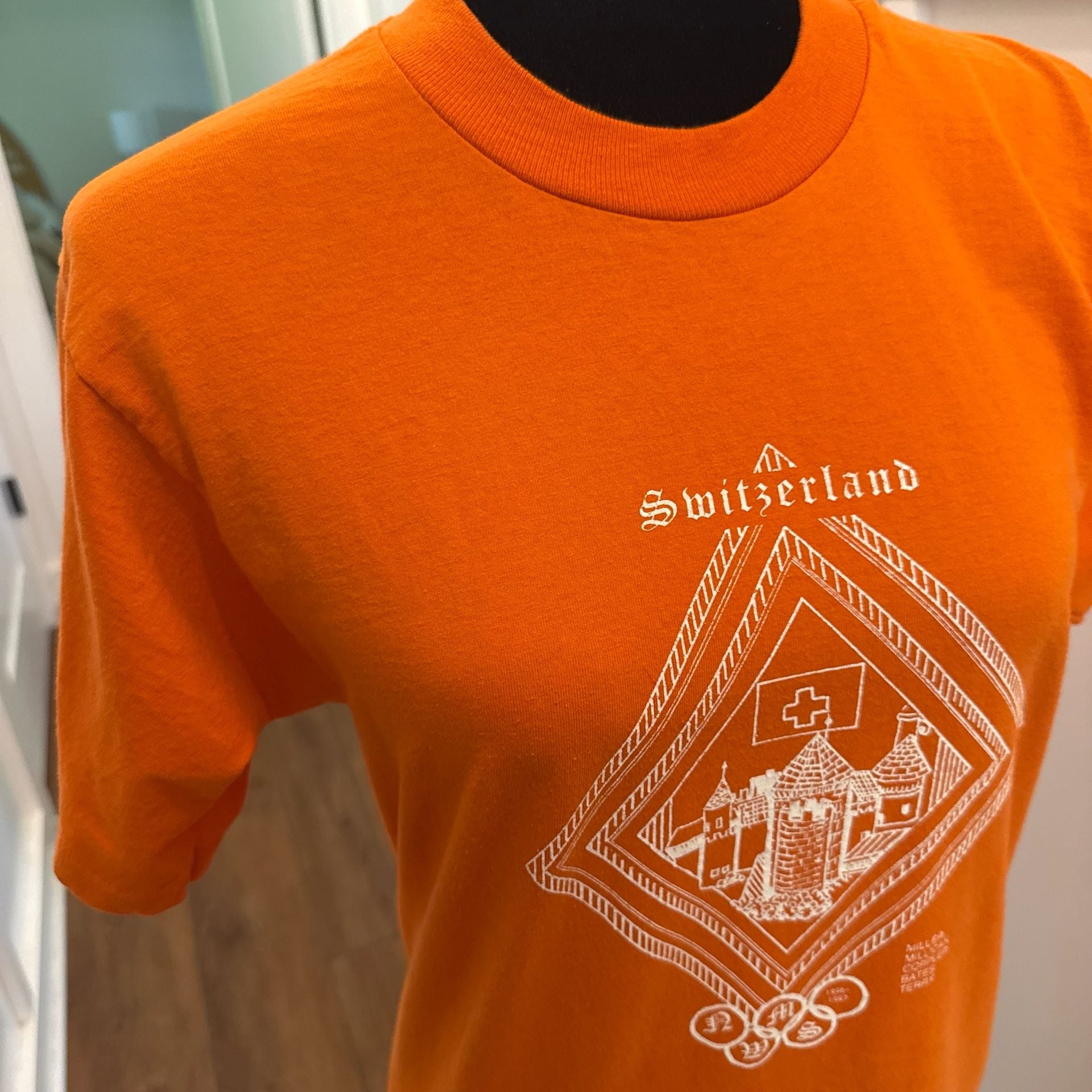 Vintage 90s Fruit of the Loom Best Switzerland Graphic T-Shirt Orange Size M 3