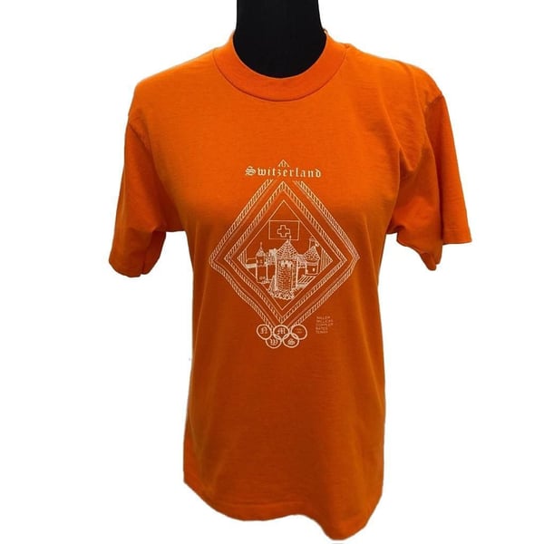 Vintage 90s Fruit of the Loom Best Switzerland Graphic T-Shirt Orange Size M
