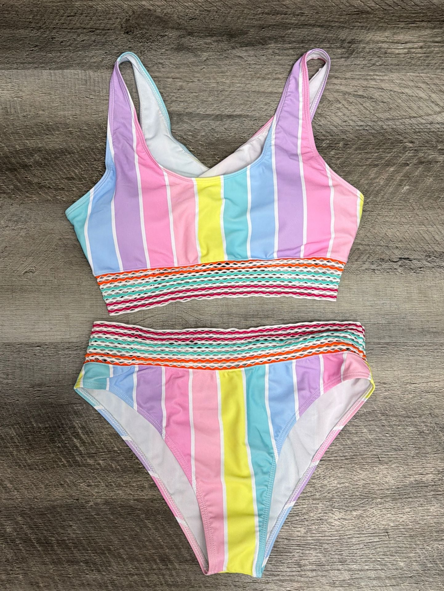 Unbranded Pastel Striped Crochet Trim Bikini Set Size L 1