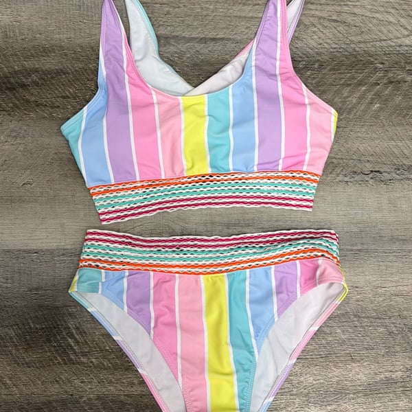 Unbranded Pastel Striped Crochet Trim Bikini Set Size L