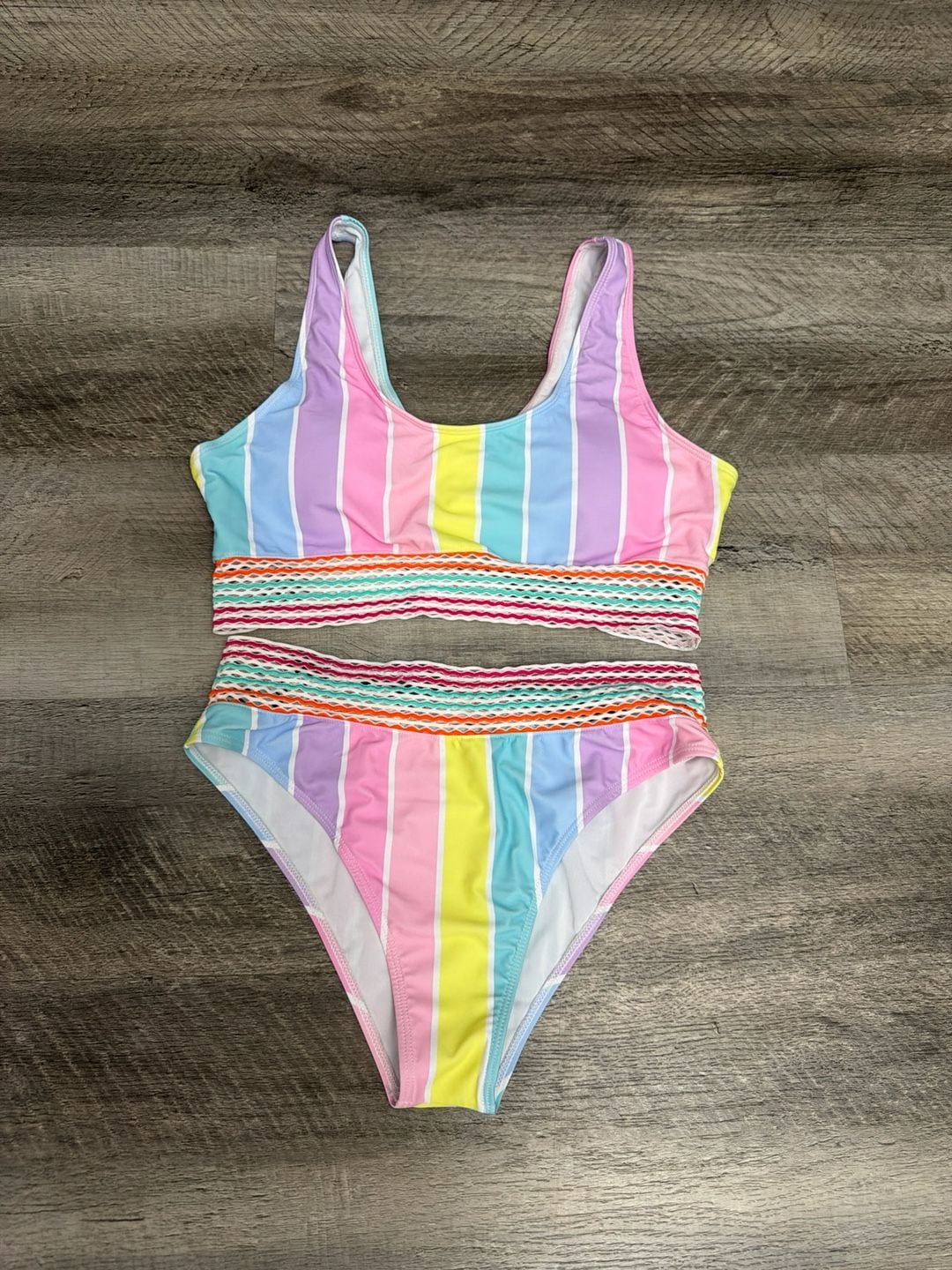 Unbranded Pastel Striped Crochet Trim Bikini Set Size L 2