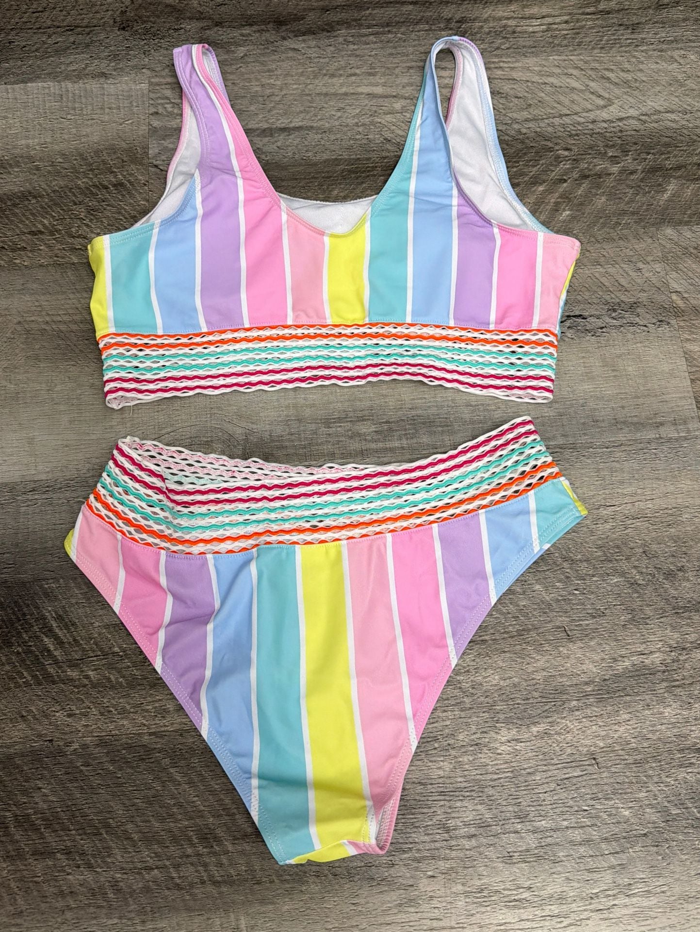 Unbranded Pastel Striped Crochet Trim Bikini Set Size L 3