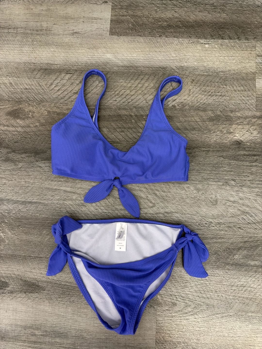Salt + Cove Blue Ribbed Tie-Front Bikini Set Size M 3