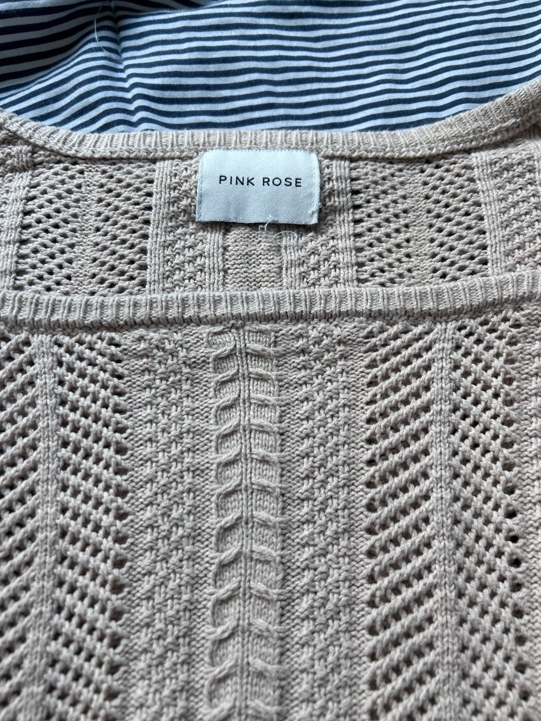 Pink Rose Beige Cropped Pointelle Cable Knit Sweater with Scalloped Hem 3