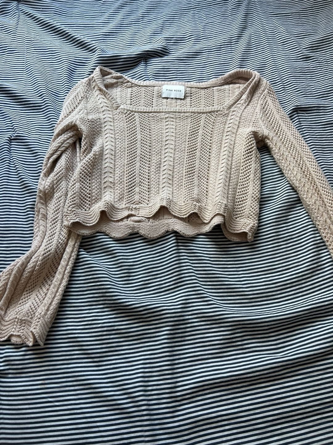 Pink Rose Beige Cropped Pointelle Cable Knit Sweater with Scalloped Hem 4