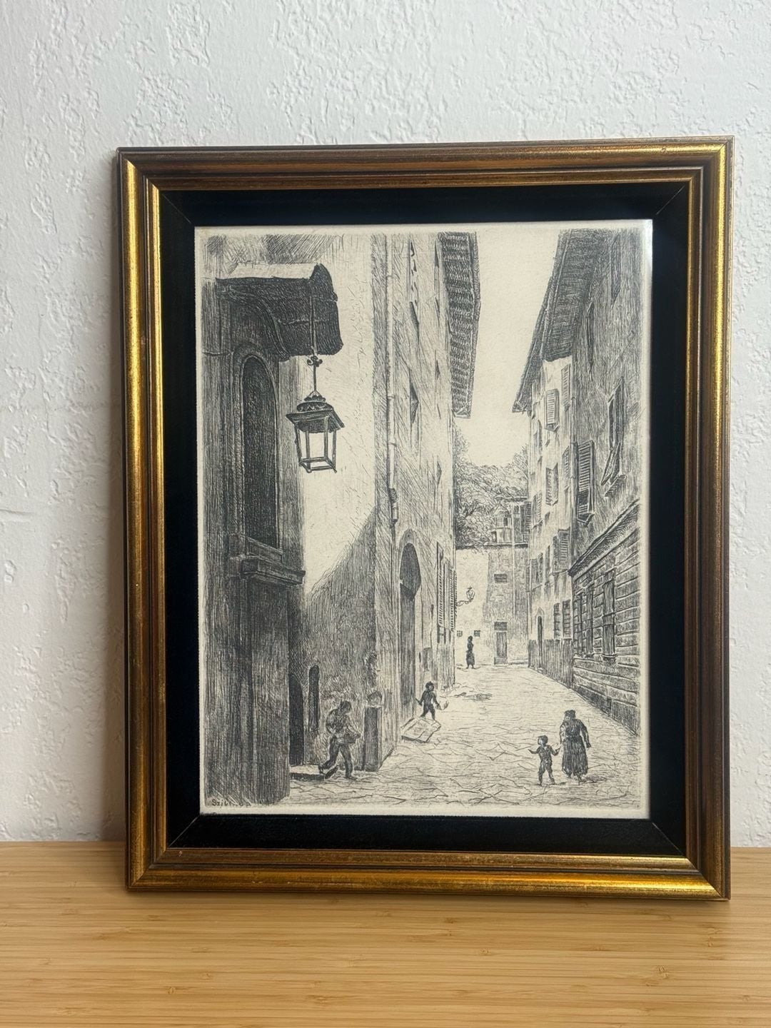 Sziklay B. Signed Architectural Street Scene Etching Framed 1