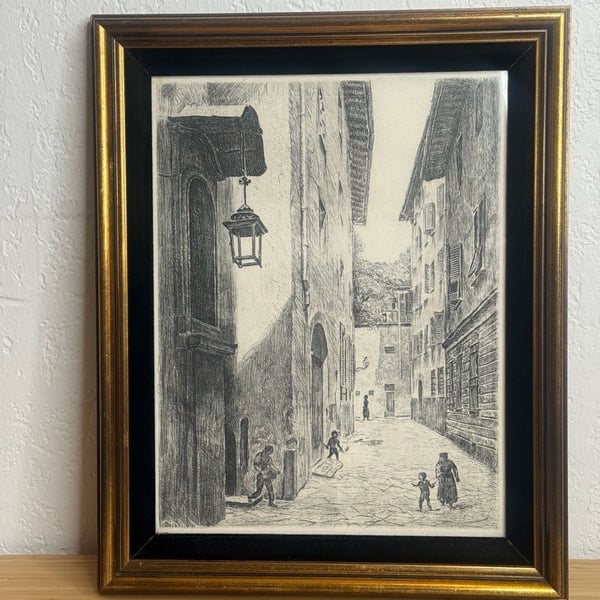 Sziklay B. Signed Architectural Street Scene Etching Framed
