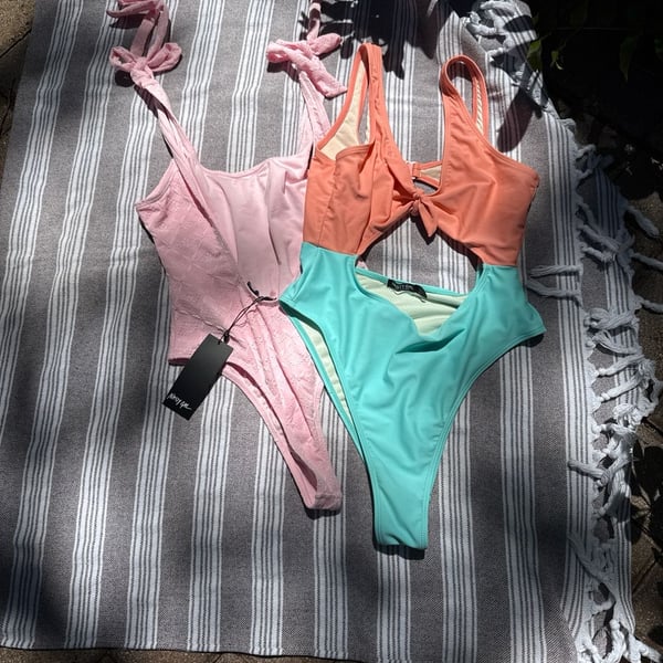 Nasty Gal Swim Bundle: Pink Tie-Shoulder NWT & Color-Block Cut-Out US 2