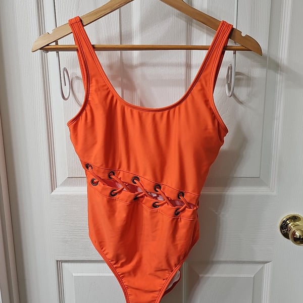 Salt + Cove Orange Laced Grommet One-Piece Swimsuit, Size M