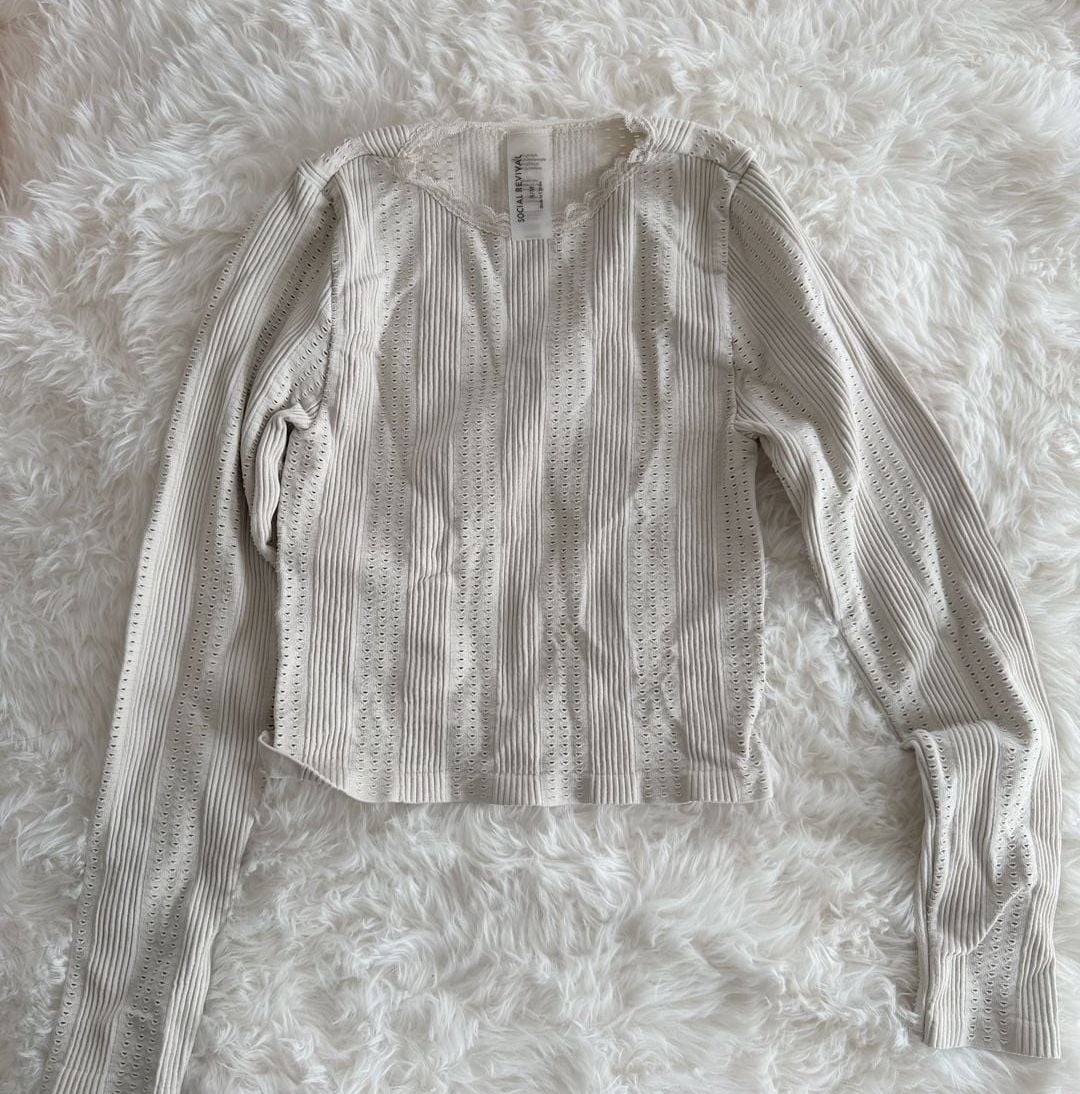 Social Revival Pointelle Ribbed Long Sleeve Cropped Top with Lace Trim, Size S/M 2