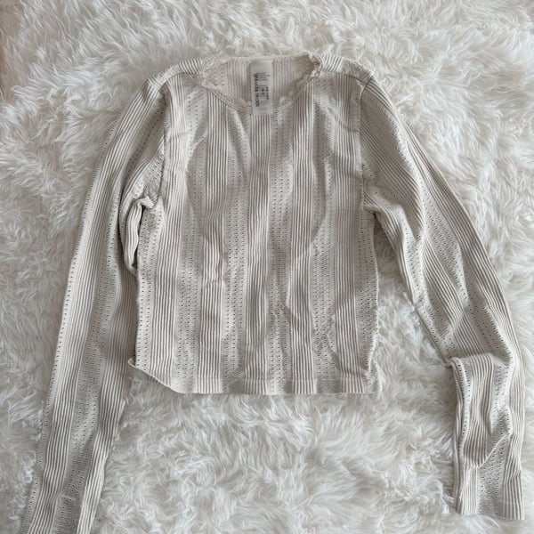 Social Revival Pointelle Ribbed Long Sleeve Cropped Top with Lace Trim, Size S/M