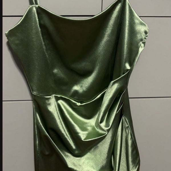  Sage Green Satin Ruched Wrap Hem Mini Dress