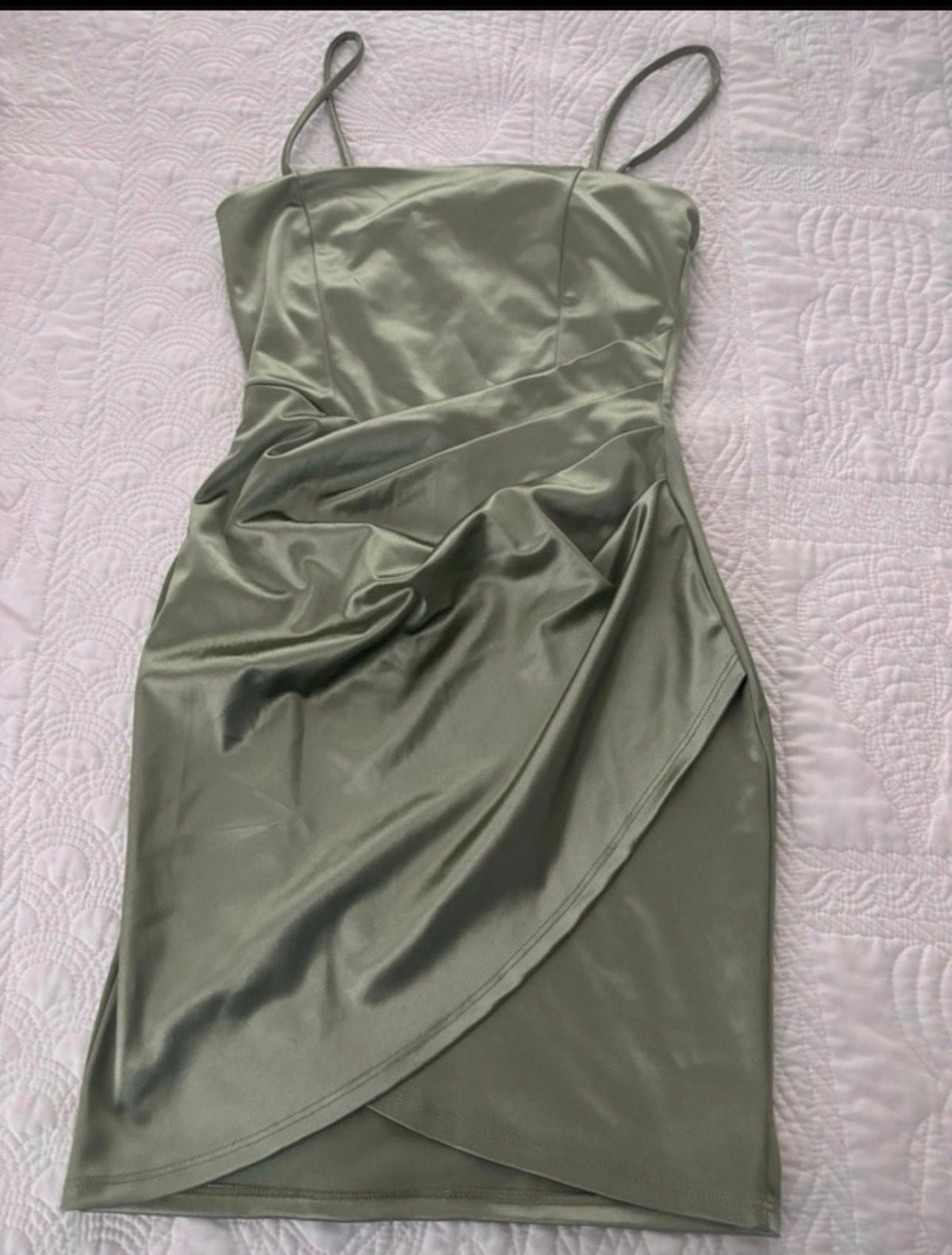Sage Green Satin Ruched Wrap Hem Mini Dress 4