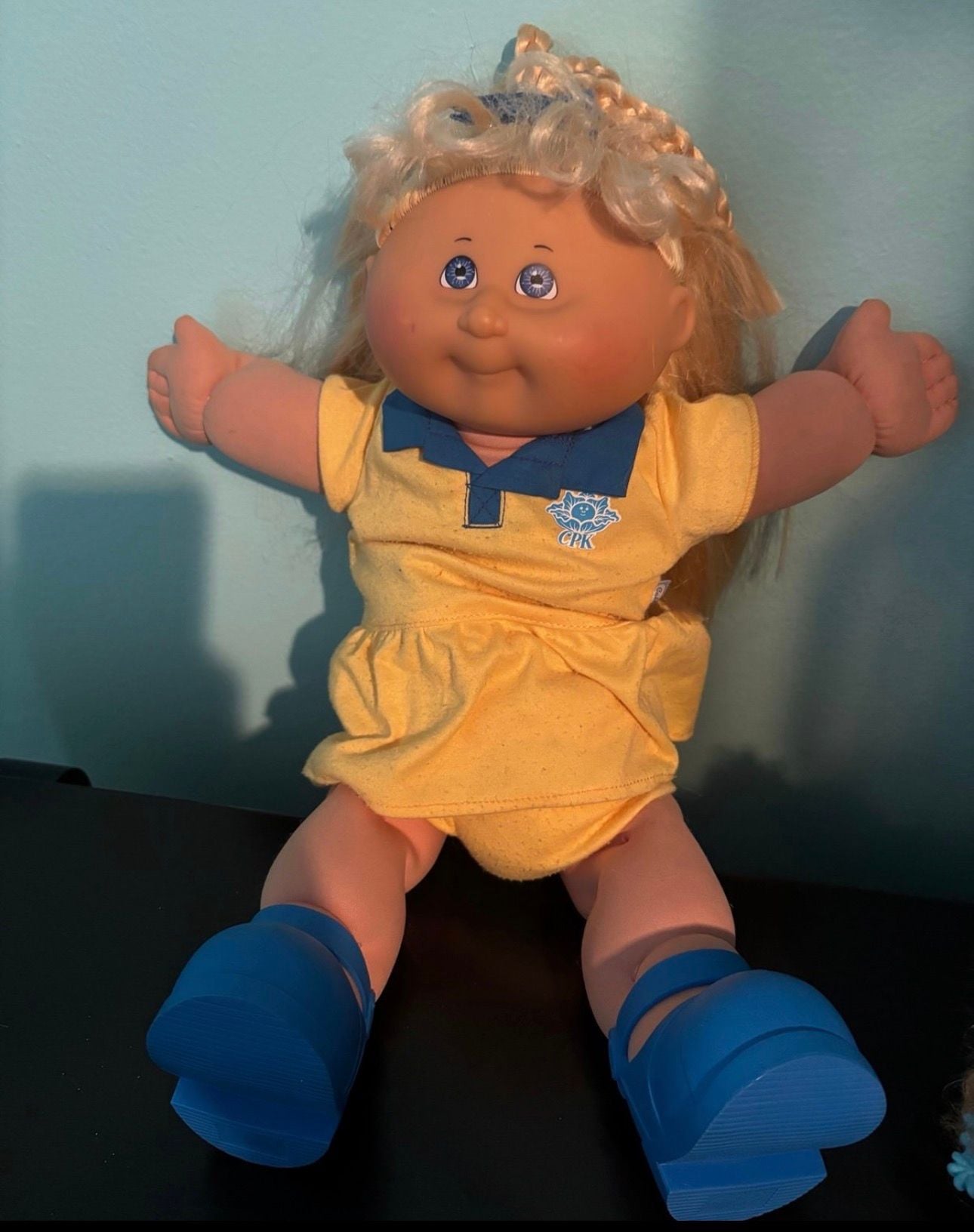 Cabbage Patch Kids Play Along Doll Blonde Braids Yellow Polo Dress Blue Shoes 1