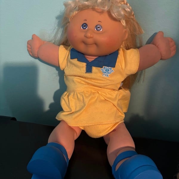 Cabbage Patch Kids Play Along Doll Blonde Braids Yellow Polo Dress Blue Shoes
