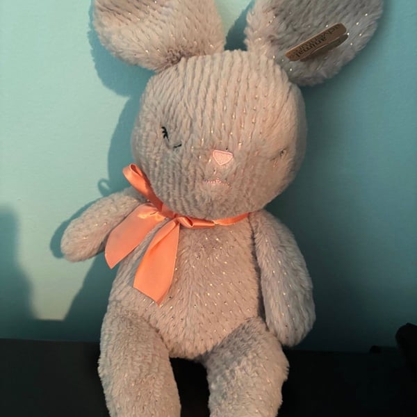 Animal Adventure Gray Bunny Rabbit Plush with Gold Flecks and Peach Bow, 11"