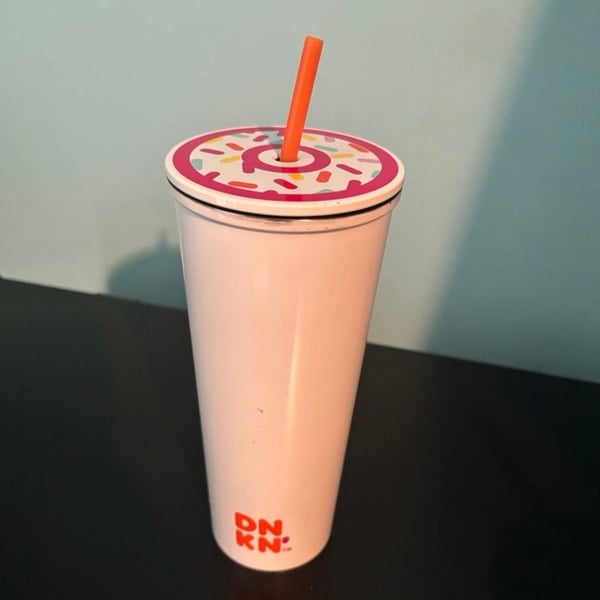 Dunkin' 24oz White Stainless Steel Tumbler with Donut Lid and Orange Straw