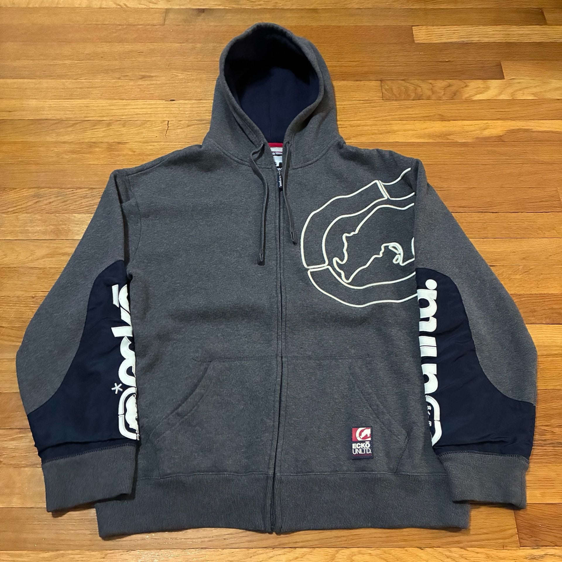 Ecko Unltd. Vintage Y2K Full Zip Hoodie Grey Navy Blue XL 2
