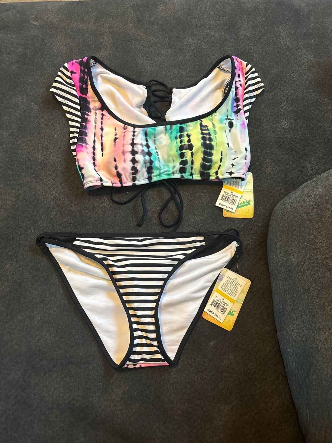 Hobie Tie-Dye and Striped Lace-Up Bikini Set Size M 1