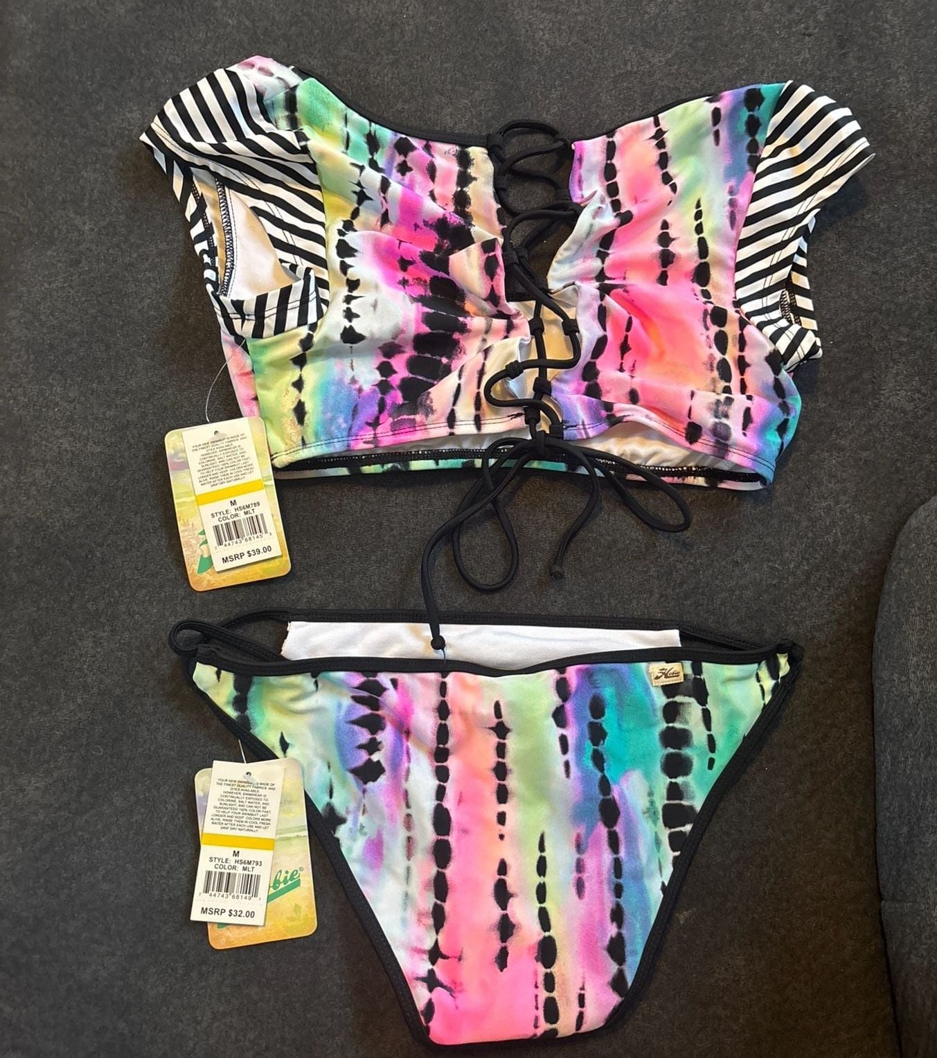 Hobie Tie-Dye and Striped Lace-Up Bikini Set Size M 6