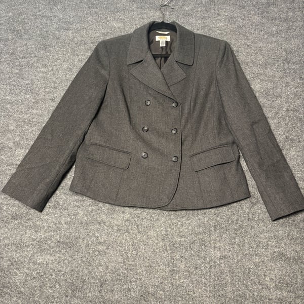 Talbots Double Breasted Blazer Women 14P Grey Italian Fabric 100% Wool Career