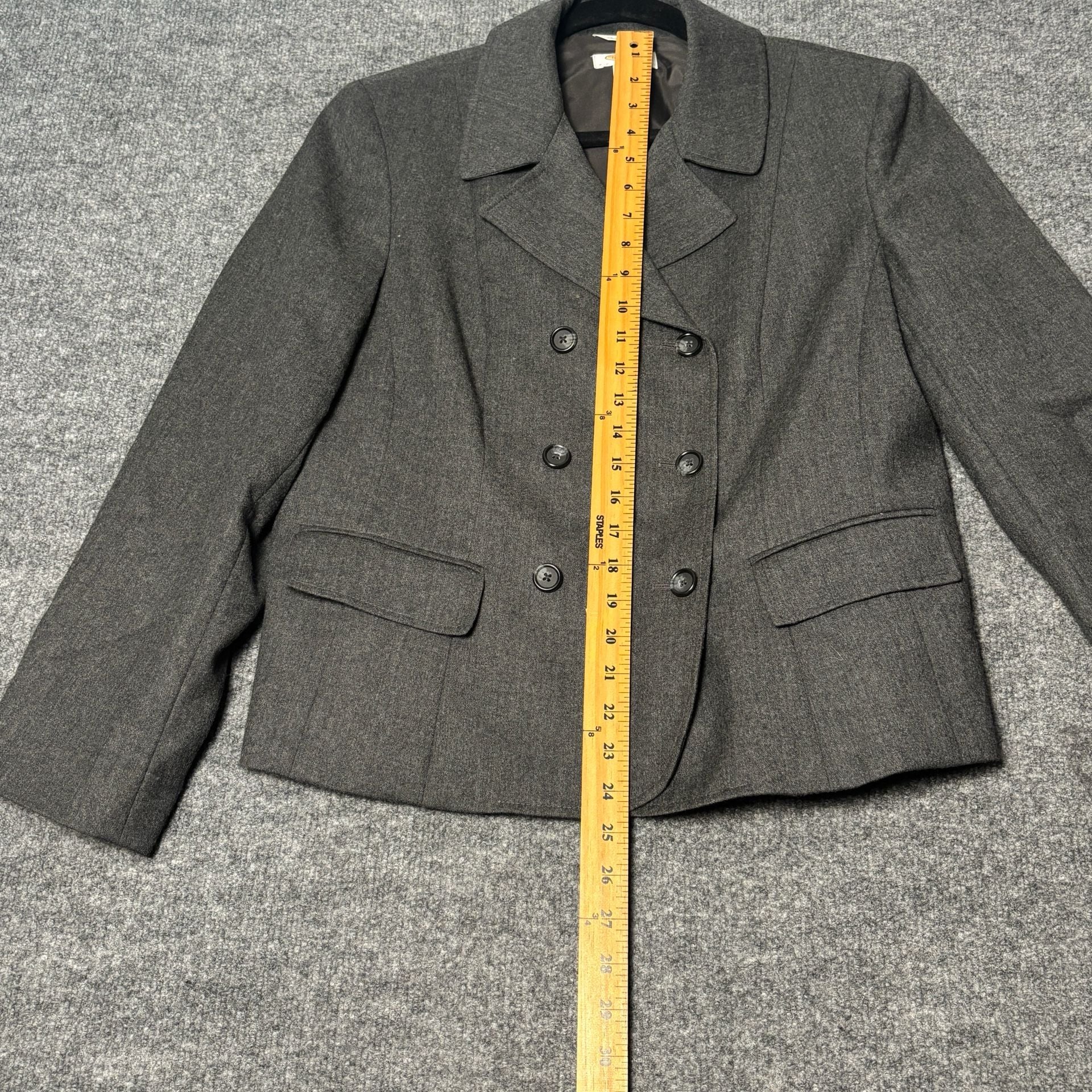 Talbots Double Breasted Blazer Women 14P Grey Italian Fabric 100% Wool Career 9