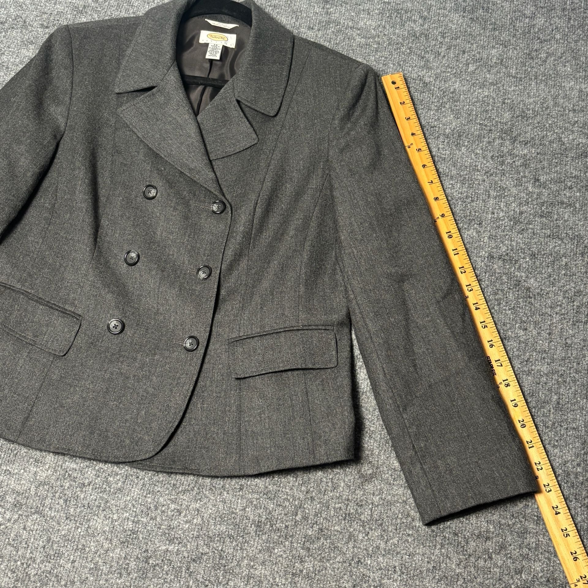 Talbots Double Breasted Blazer Women 14P Grey Italian Fabric 100% Wool Career 11