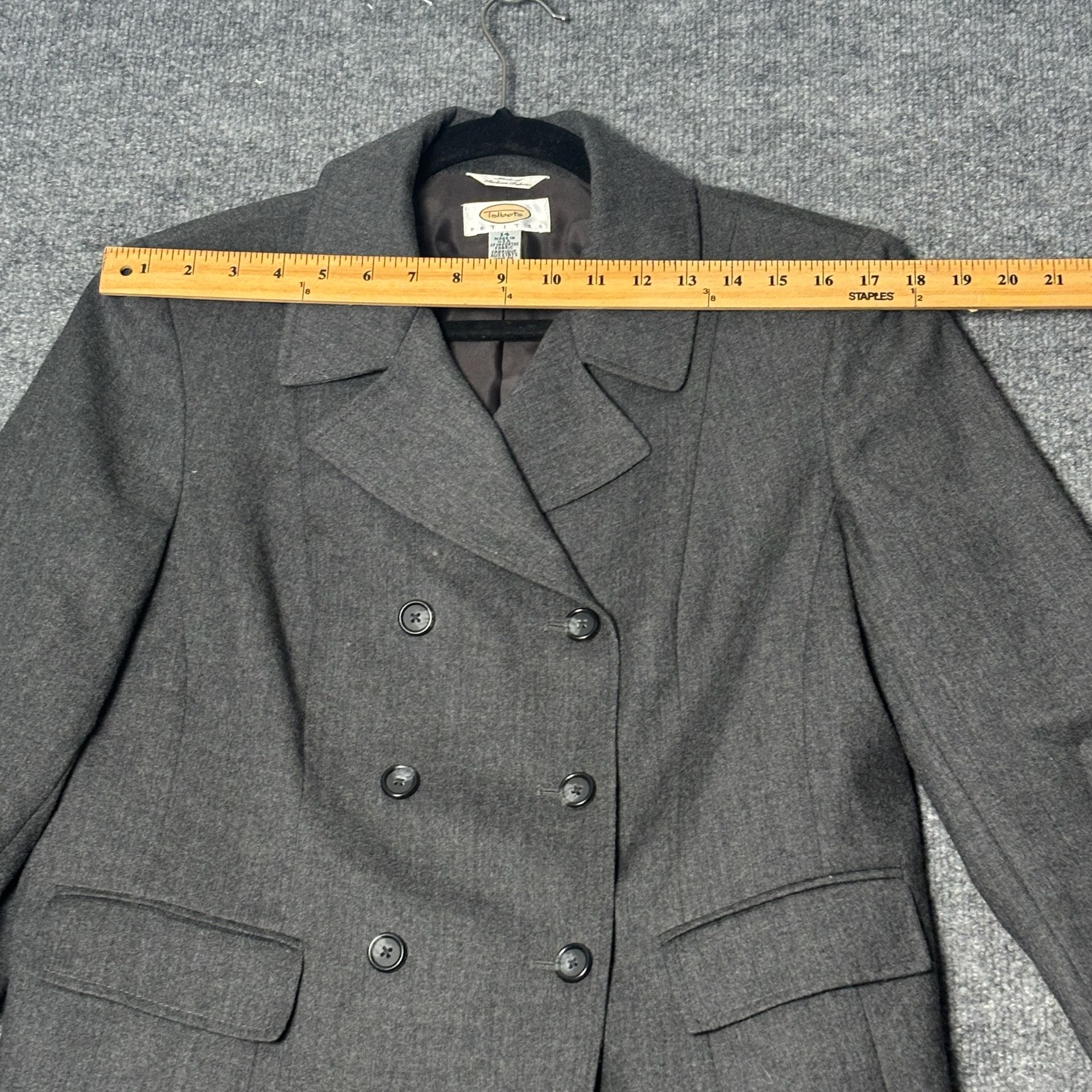 Talbots Double Breasted Blazer Women 14P Grey Italian Fabric 100% Wool Career 13